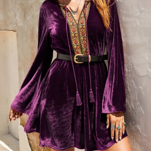 Boho embroidered tassel velvet long sleeve dress - Picture 4 of 7